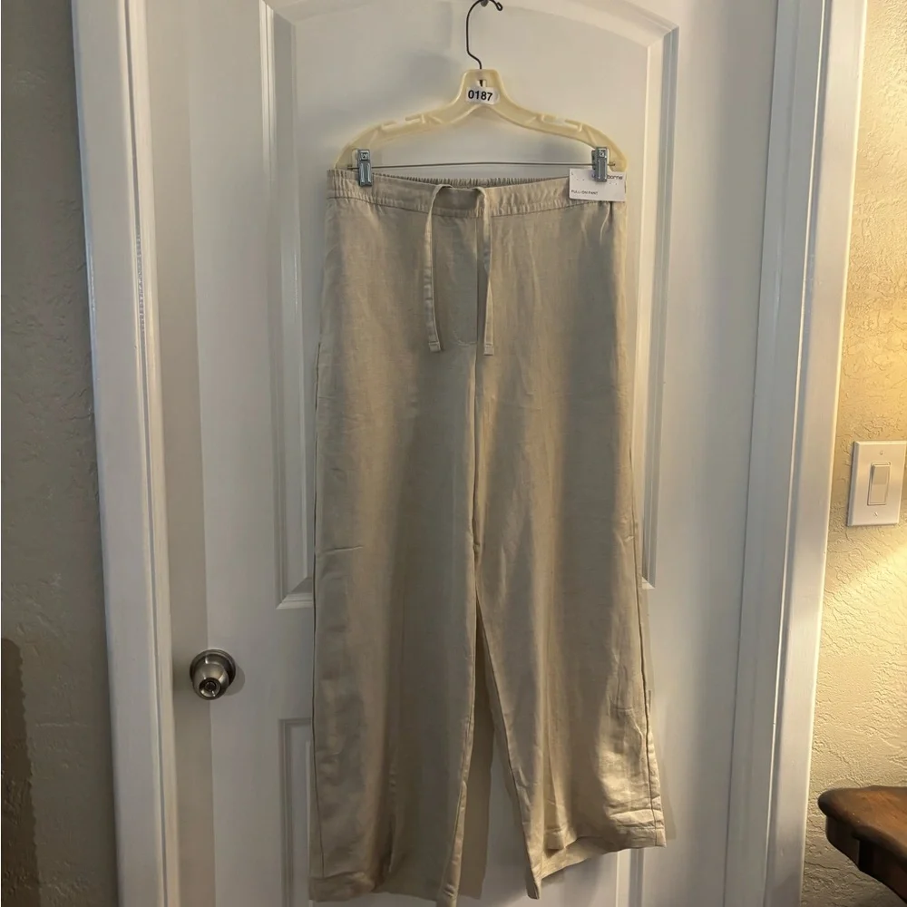 Women’s Liz Claiborne Pull-on Drawstring Linen-Blend Pants — Beige Sz L NWT